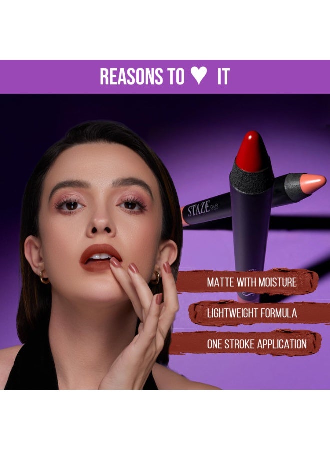 Staze 9to9 Pout On Matte + Smudgeproof Lip Crayon | Non-Drying, Transferproof & Sharpenable| Pigmented Matte Finish | 12-Hour Stay | Lightweight | 10 Royally Ruby| 3.5 g - Image 4